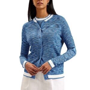 Ted Baker Sz 1 ADDLINN Blue Ribbed Soft Knit Long Sleeve Fitted Cardigan